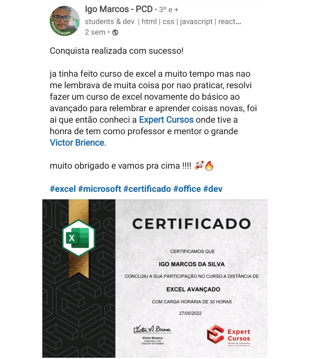 Avaliações do Curso de Excel